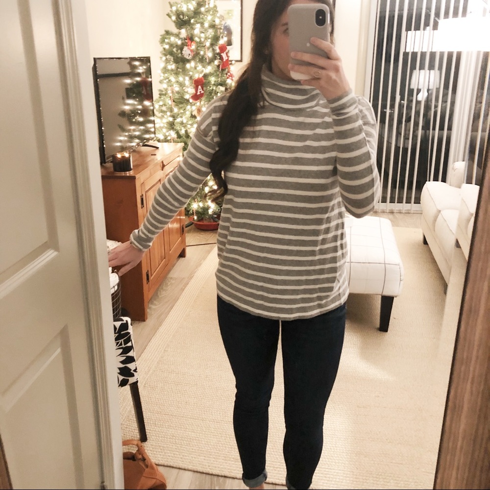 J Crew grey and white striped turtleneck sweater